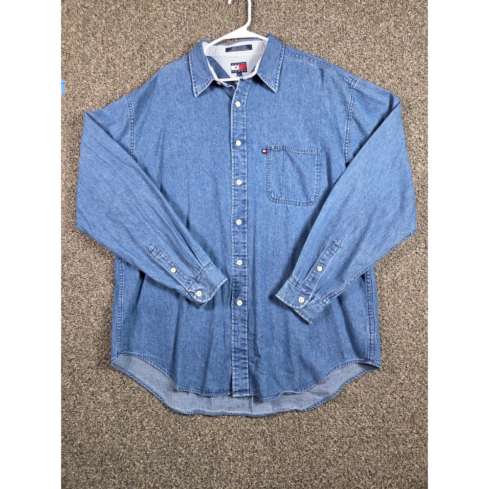 Vintage Y2K Tommy Hilfiger Denim Shirt Mens XL Blue‎ Long Sleeve Cotton Western